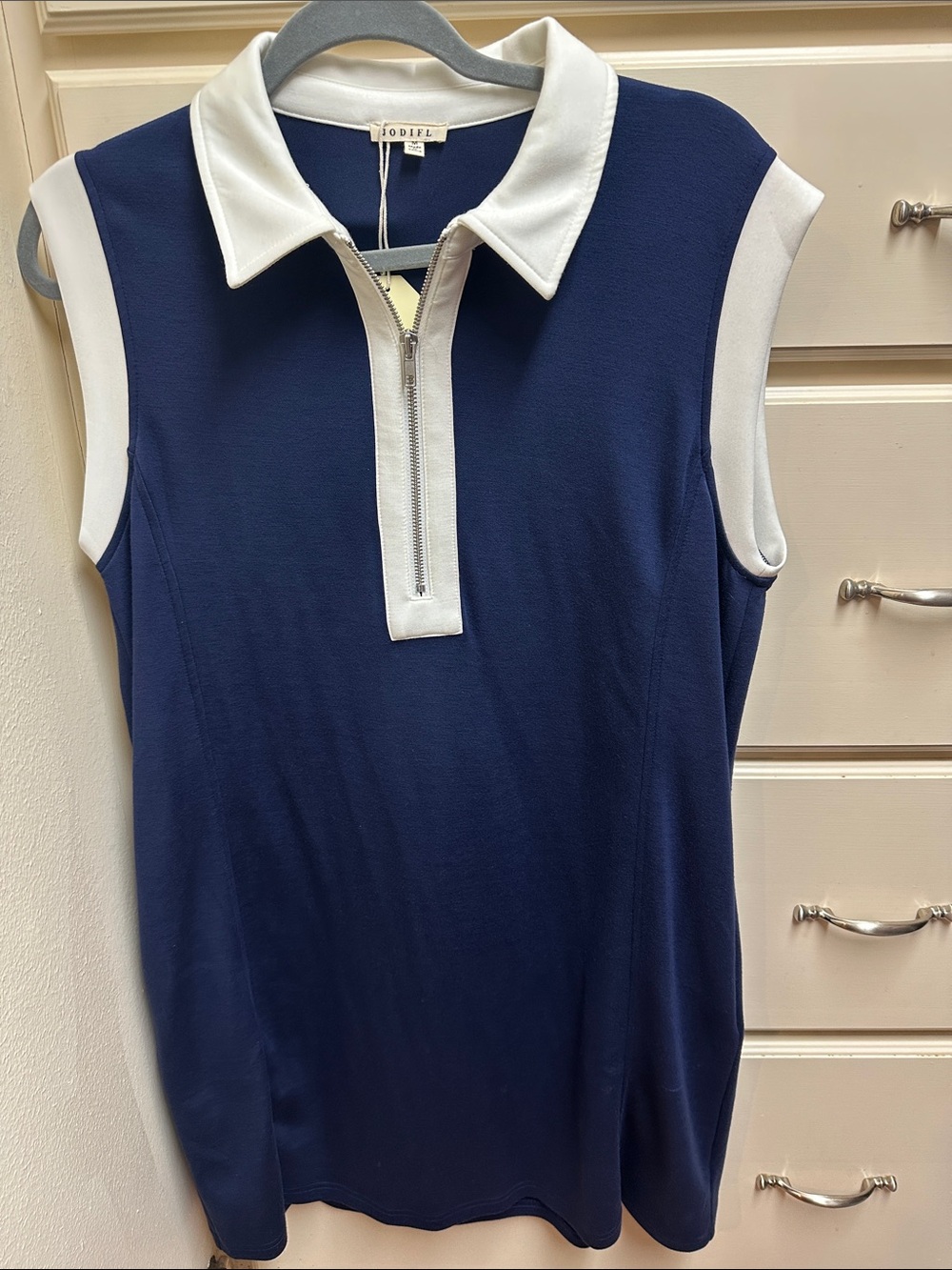 JODIFL Navy Sleeveless Polo Dress with White Collar and Zip